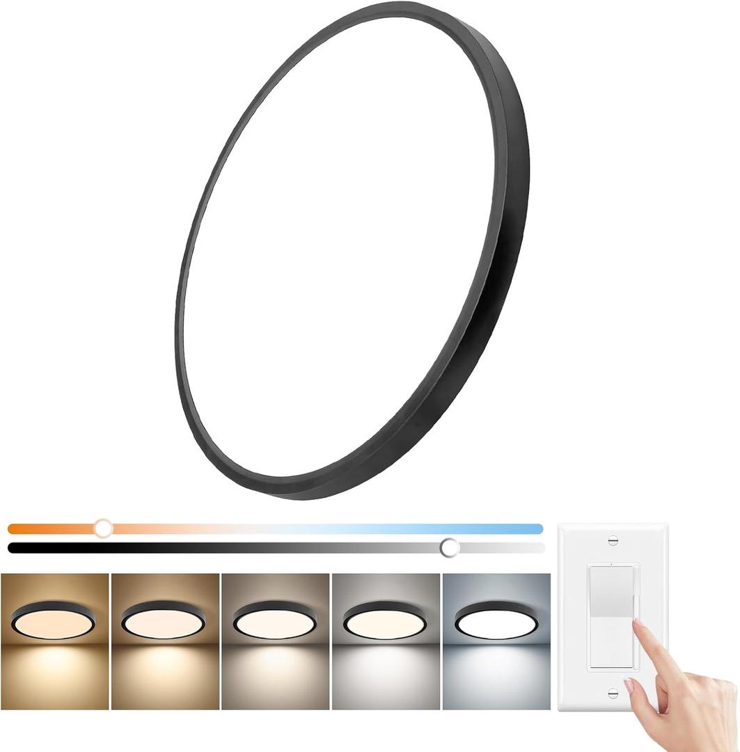 20 Inch Dimmable LED Flush Mount Ceiling Light, 40W,4350LM, 2700K/3000K/4000K/5000K/6000K CCT Selectable ,Round Flat Panel Light Low Profile Ceiling Light Fitures for Hallway/Kitchen/Bedroom, Black