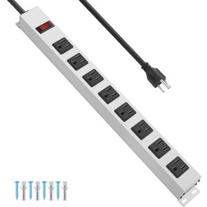 JUNNUJ Metal 8 Outlet Power Strip, Mountable Heavy Duty Power Strip, 1200J Surge Protector Wall Mount Screws Outlet with Switch, Gaming Desk Strips Wide Spaced 15A 125V 1875W, 6 FT 14AWG Power Cord
