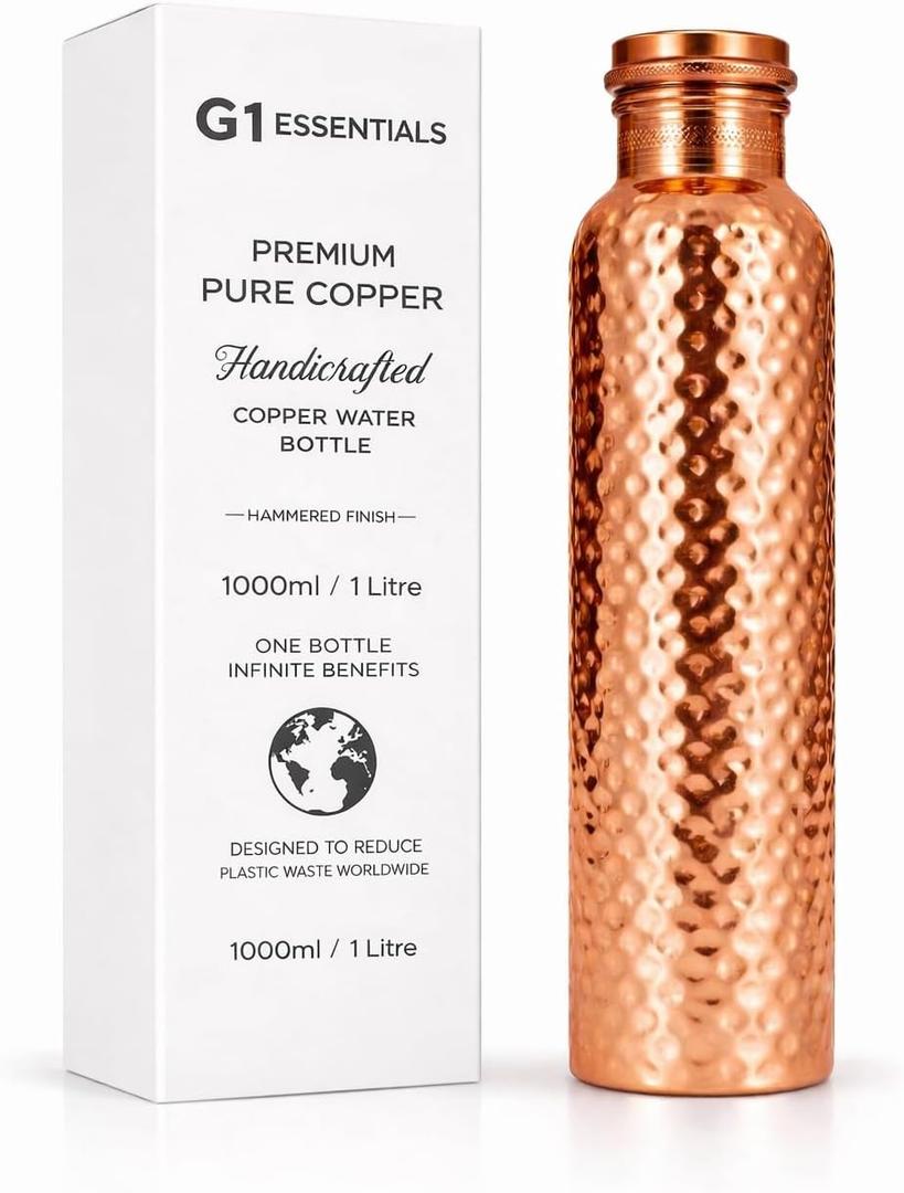 Pure Copper Water Bottle 34 oz, Hammered Drinking Water Bottle, Reusable Ayurvedic Style Bottle for Home Gym Yoga Travel