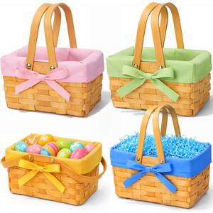 4 Pcs Easter Basket with Double Folding Handles and Gingham Liner Empty Natural Woven Woodchip Picnic Bamboo Handmade Woven Eggs Basket for Picnic, Gift Packing, Storage (Pure)