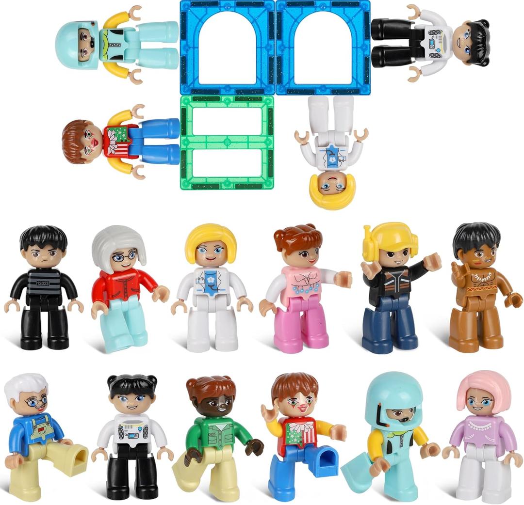 Large Magnetic People Figures for Kids, 3 Inches Magnetic Play People Compatible with Lego, 12 Pieces Magnet Toys for Kids Ages 3 4 5 6+, STEM Learning Toys Magnet Tiles Expansion
