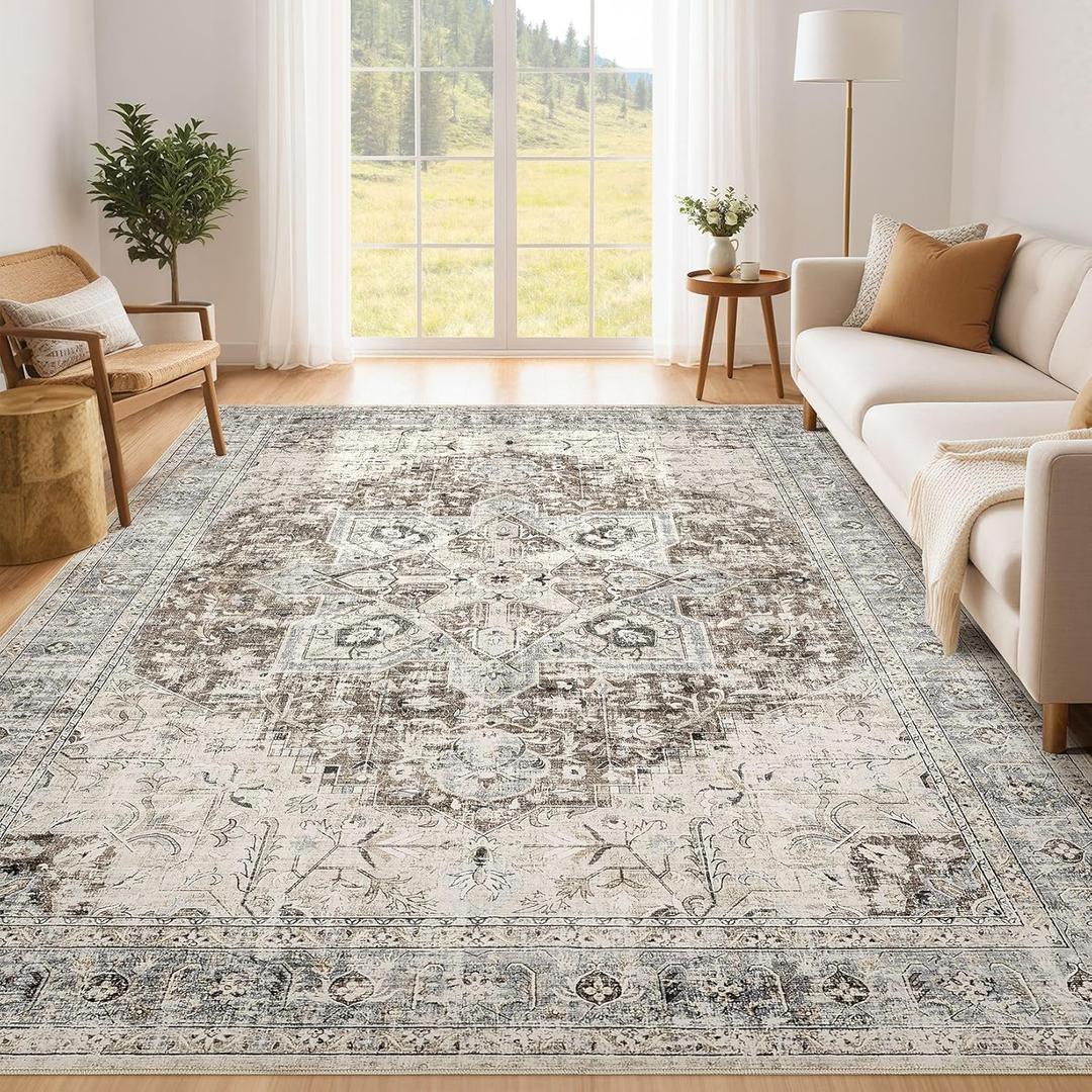 Tortania Area Rug Living Room Rugs - 5x7 Washable Boho Rug Vintage Oriental Distressed Farmhouse Large Thin Indoor Carpet for Living Room Bedroom Under Dining Table Home Office - Brown Blue