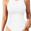 MANGOPOP Women's Tank Tops Bodysuit Double Lined Crew Neck Thong Body Suit Sleeveless Halter Fitted Top (XX-Large, 02 White)