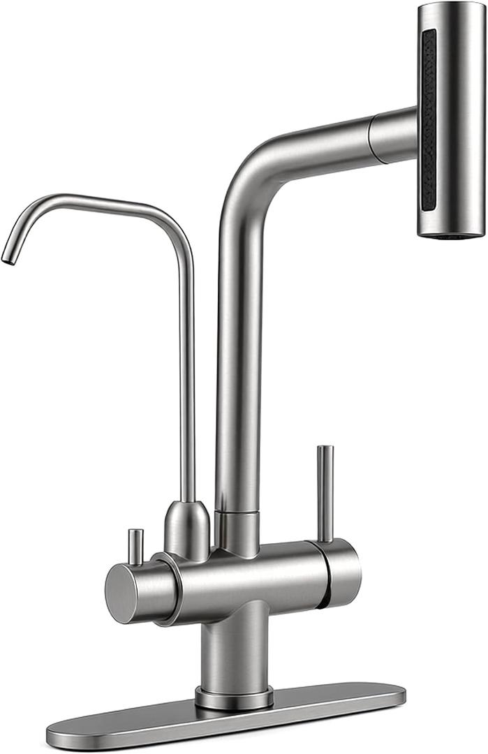 Waterfall Kitchen Faucet with Water Filter,Upgraded Separate Drinking Water 2 Handle Kitchen Faucet with Pull Down Sprayer, Brushed Nickel 3 in 1 Sink Faucets, Without Water Filtration Device