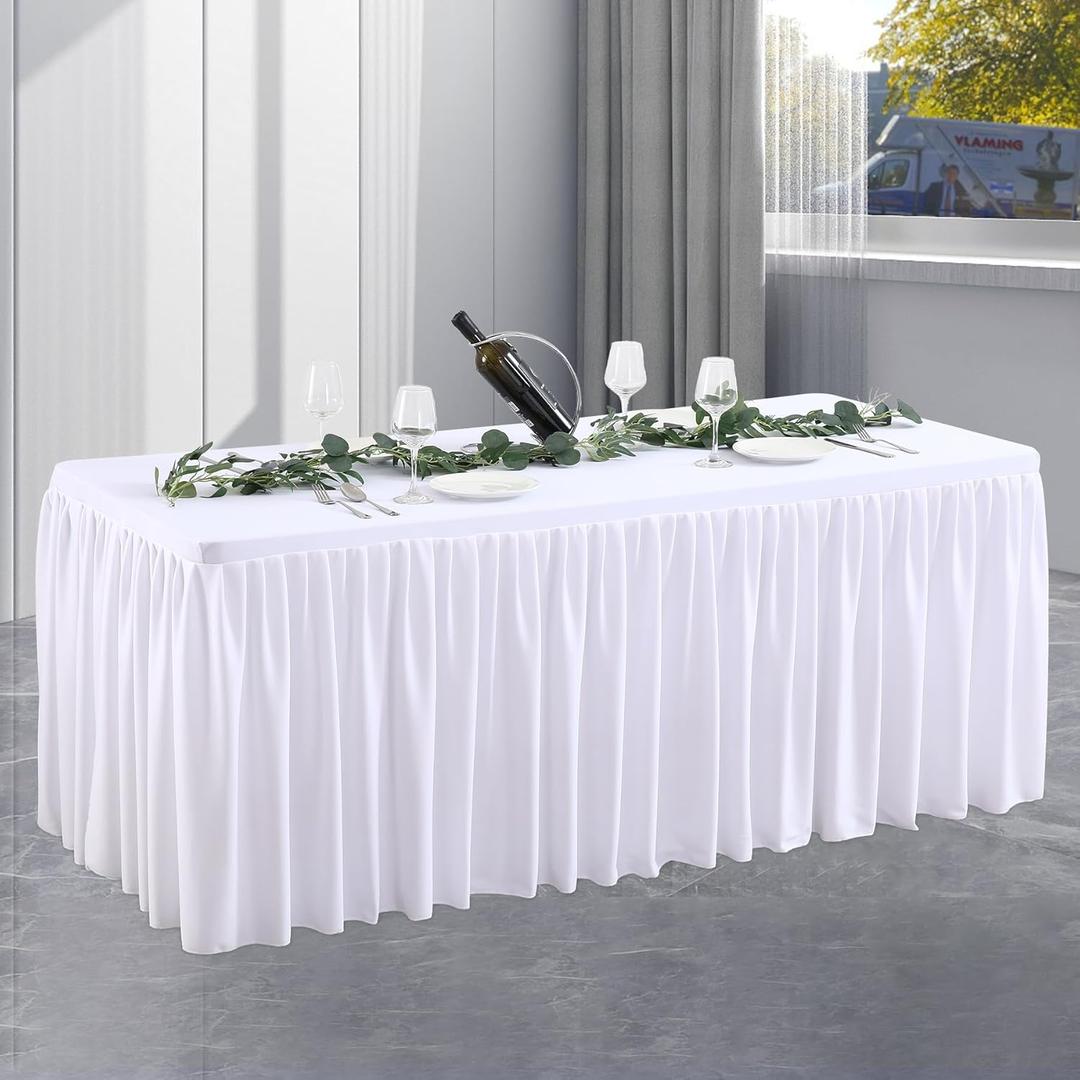 White Polyester Table Clothes for 8 Foot Rectangle Tables, Wrinkle Free Fitted Table Cover 8ft Stretch Tablecloths with Skirt for Parties Weddings Birthday Banquet Baby Shower