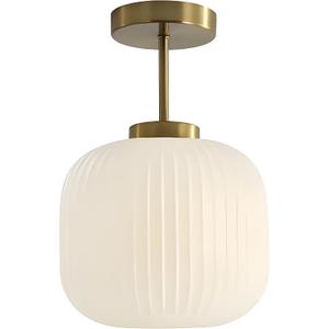 Vintage Brass & Glass Flush Mount Pendant Light, Minimalist Ceiling Lamp, E26 Chandelier for Bedroom, Hallway & Living Room Décor (White), 20cm