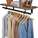 Wall Mounted Clothes Rack, with Top Shelf and Hanging Rod, Heavy Duty, Brown 