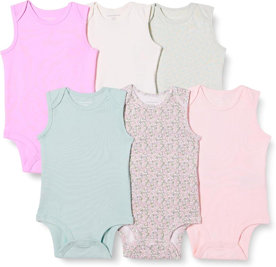 Amazon Essentials Unisex Babies' Sleeveless Cotton Rib Bodysuits, Pack of 6 (0-3 Months, Pink/Floral)