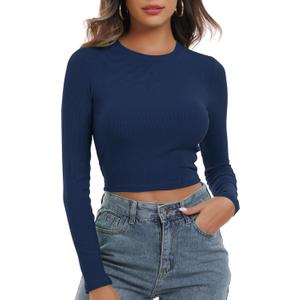 Artfish Women's Round Neck Long Sleeve Knit Ribbed Fitted Crop Top Casual Basic Shirts (Medium, Navy Blue)