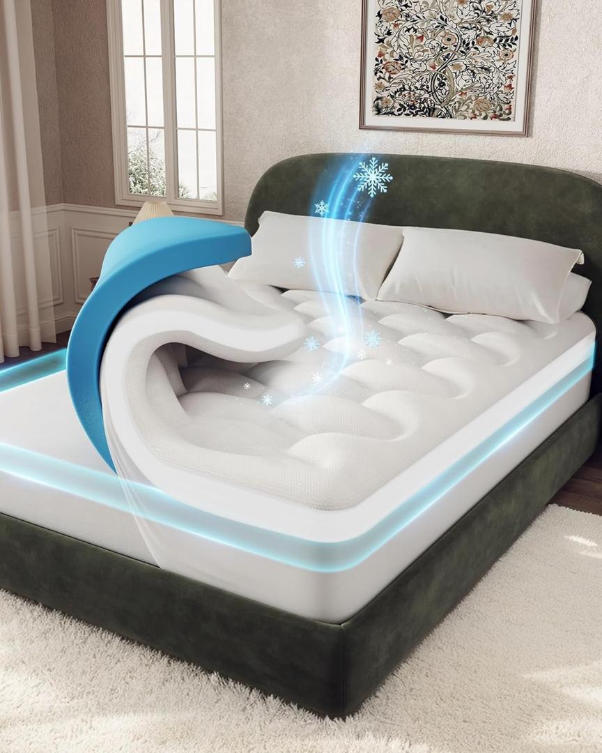 OhGeni Cooling 4 lnch King Size Dual Layer Mattress Topper, 2 Inch Gel Memory Foam, 2 Inch Soft Breathable Pillow Top Pad, Bedroom Mattresses Cover, Extra Comfortable Sleep and Back Pain Relief