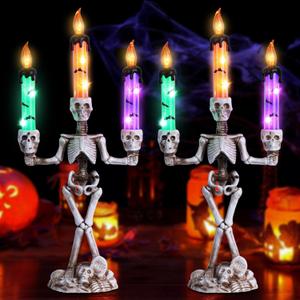 MEETYAMOR 2 Pcs Skull Halloween Candelabra Decorations Indoor, Halloween Candles Holder with LED Lights for Scary Haunted House Mansion Decor, Battery Operated Timer Candlesticks for Table Home Party