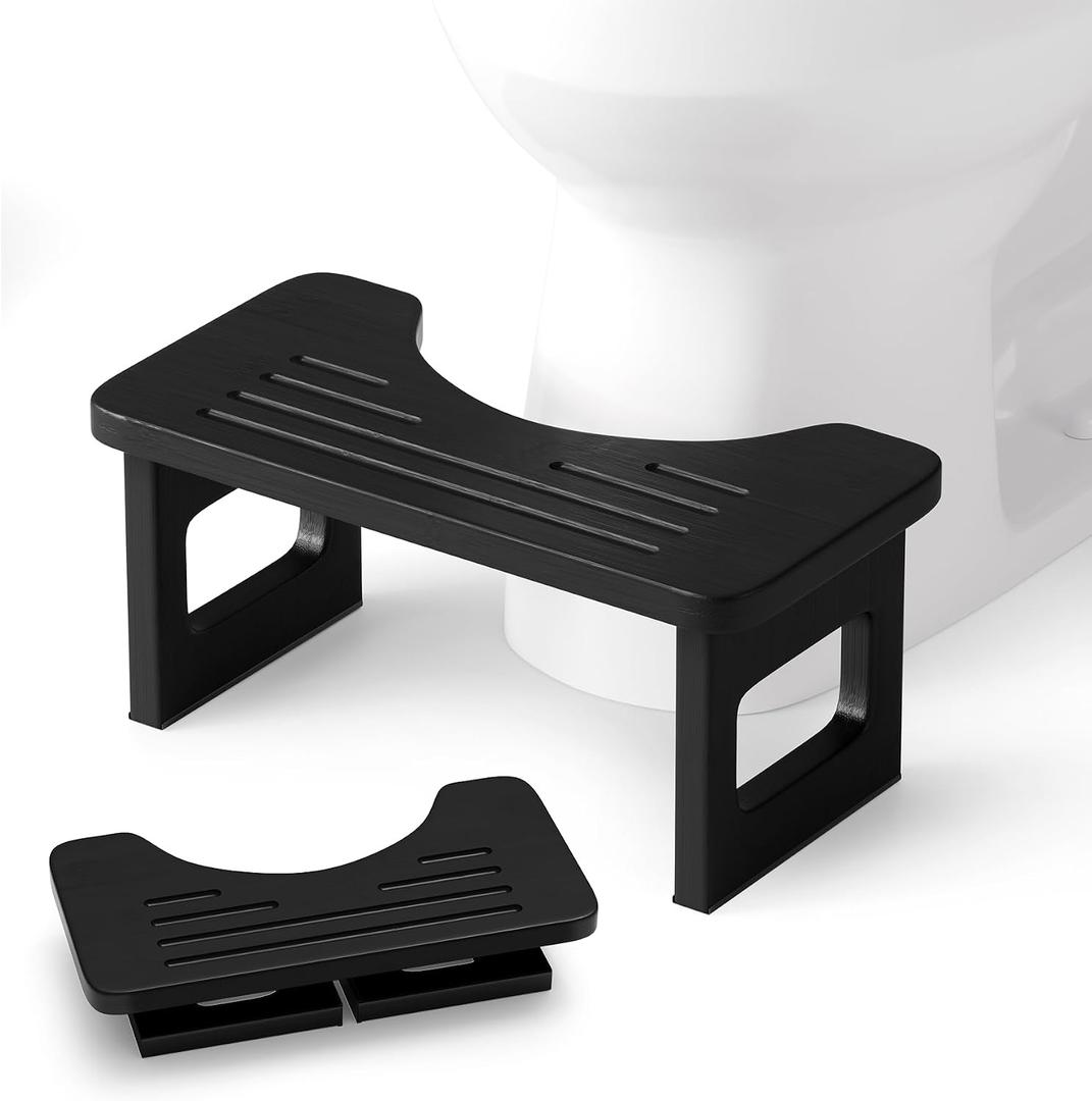 Bathway Squatting Potty Stool, Foldable Black Poop Stool, Bamboo Toilet Stool for Adult, Foot Step Stool Squat, Pooping Stools with Anti-Slip Strip for Bathroom, 6.8''