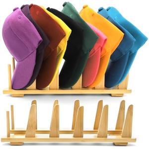 Peohud 2 Pack Hat Organizer for Baseball Caps, Bamboo Hat Racks, Compact Hat Display Stand for 20 Caps, Detachable Baseball Hat Storage Organizer for Closet Shelf Dresser Bedroom