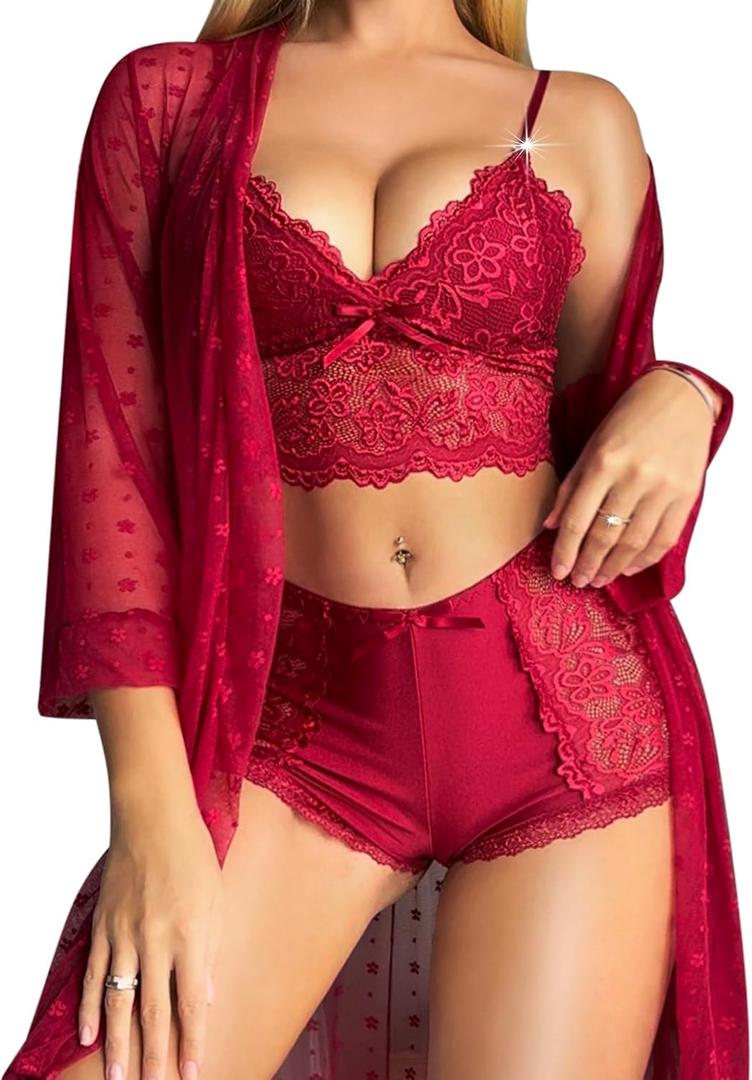 RSLOVE Women Sexy Lingerie Set - 3 Piece Lace Bra and Panty Sets with Mesh Kimono Robe Nightgown Sleepwear (XX-Large, Red)