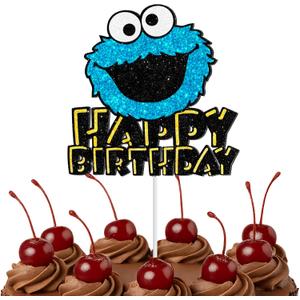 Blue Glitter Birthday Party Cartoon Decorations Supplies - Monster Happy Birthday Cake Topper - Cookie Theme Decor for Baby Shower - Cake Decoration for Girls or Boys