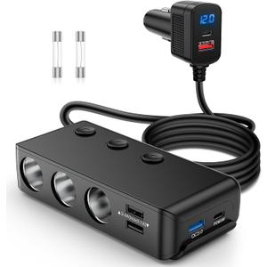 Nilight 9 in 1 Cigarette Lighter Adapter Splitter 3 Sockets PD 65W and QC3.0 18W Ports with Independent Switches LED Voltage Display for 12V 24V Cars SUV Van Truck Jeep Camper