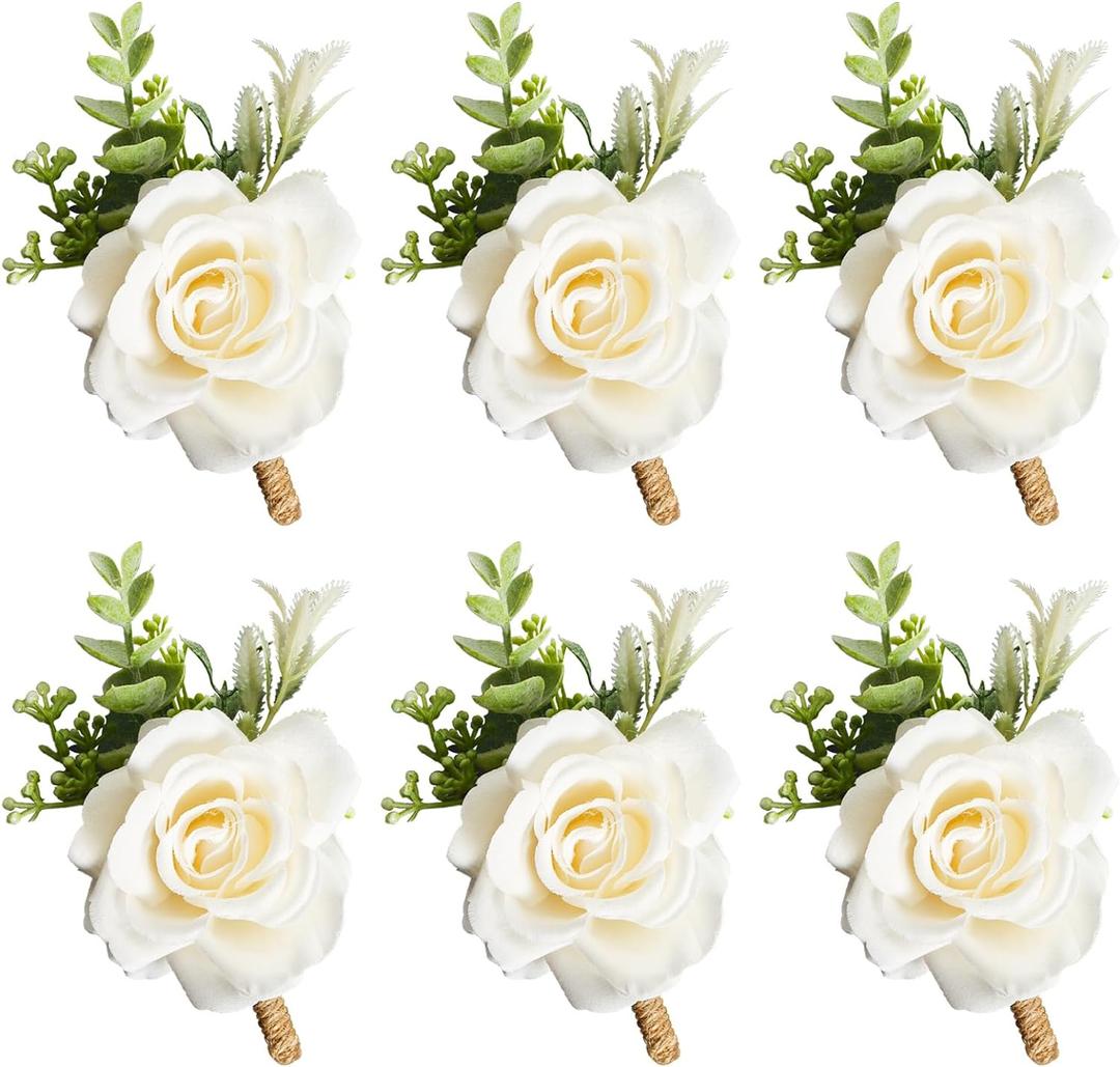 Ivory Rose Boutonniere for Men Wedding Set of 6 Groom Groomsmen Best Man Artificial Flowers Boutonniere for Wedding Ceremony Anniversary Prom Flowers Formal Dinner Party (6, White, Middle)