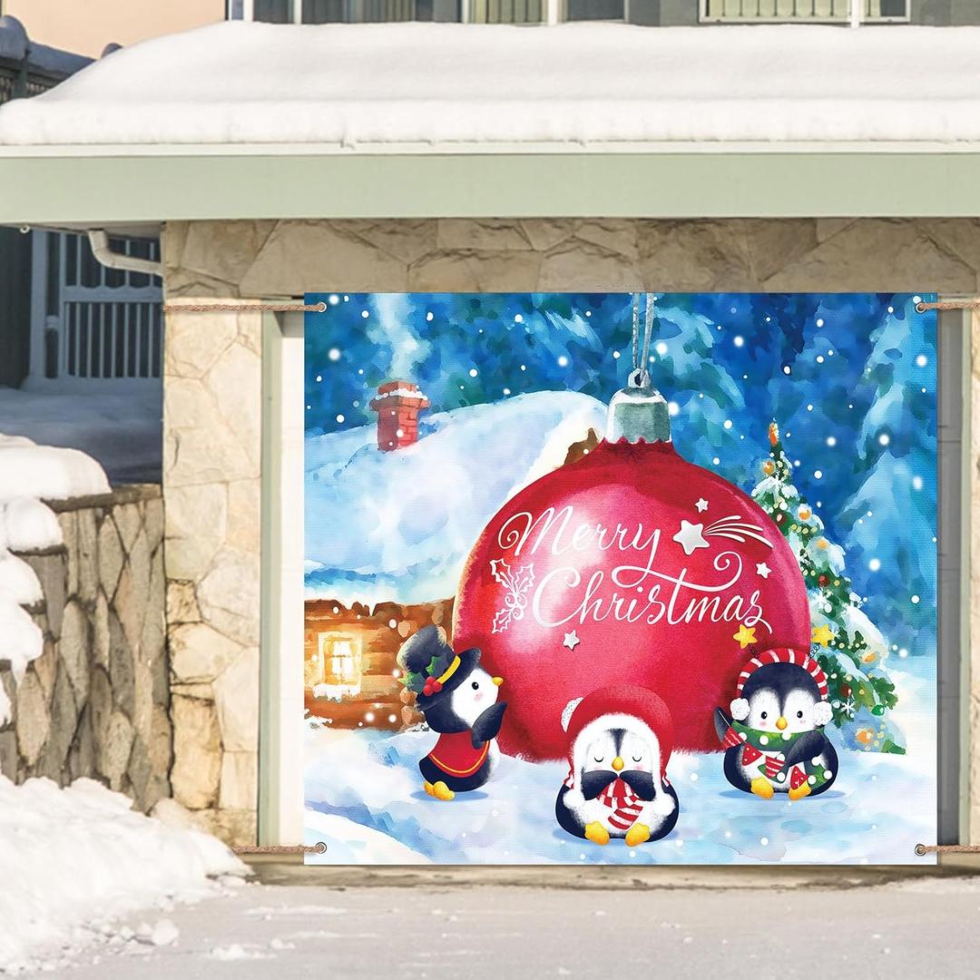 Christmas Garage Door Banner 7 x 8ft outdoor Christmas Decoration holiday garage door covers wall Backdrop Decoration Indoor Outdoor for Christmas Holiday Party Supplies (Penguin) (Smart Color)