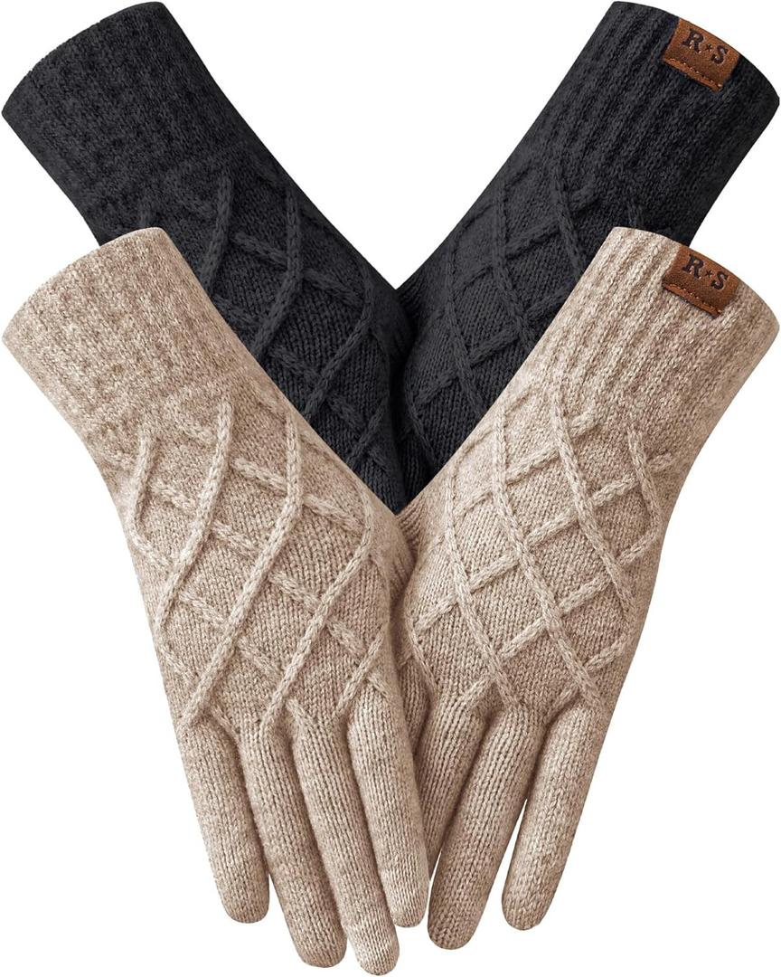 REACH STAR 2 Pairs Winter Gloves for Women Touch Screen Elastic Thermal Knit Lining Warm Gloves for Cold Weather, One Size (Black+Khaki)