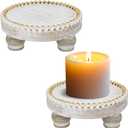 Small Wood Risers for Decor, Round Wooden Display Risers Candle Plates and Trays, Farmhouse Candle Trays Home Decor, Pedestal Stand for Mini Cake, Mug Display Decorative, Table Centerpiece, White (Set of 2)