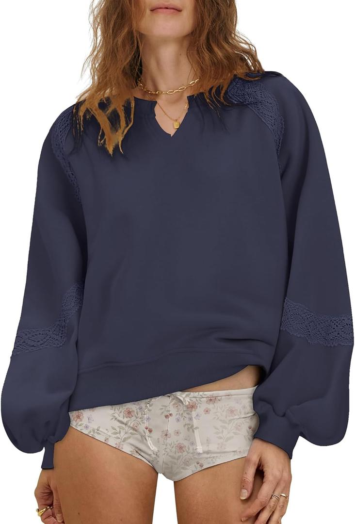 Gacaky Sweatshirt for Women Oversized Fleece Embroidered Crochet Hoodies Cropped Pullover Tops Fall Fashion Outfits Clothes (Small, Navy)