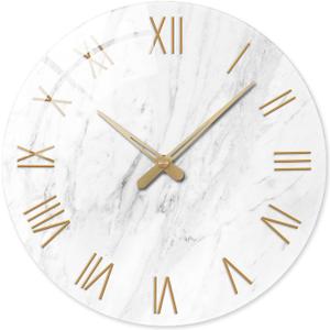 Round Marble Battery Wall Clock Modern 14 Inch White Minimalist Wall Clock for Kitchen Quartz Glass Silent Clock for Wall
