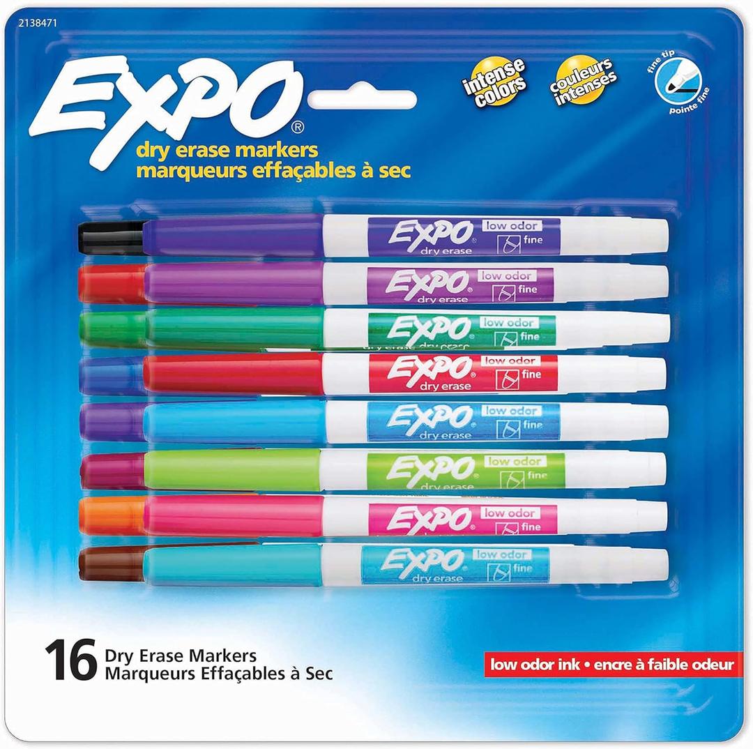 EXPO Dry Erase Markers, Whiteboard Markers with Low Odor Ink, Fine Tip, Assorted Vibrant Colors, 16 Count