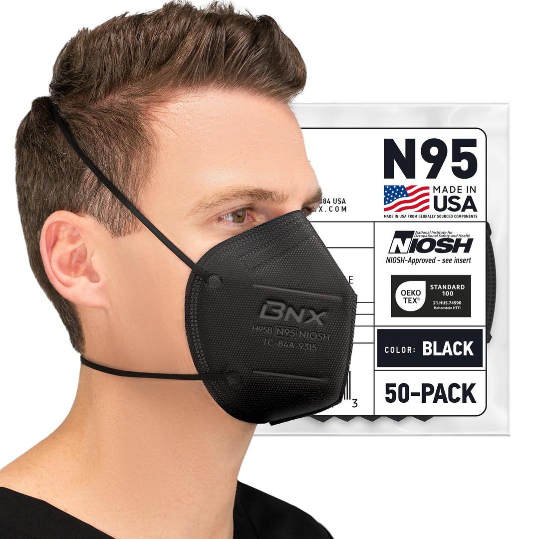 AccuMed BNX N95 Mask Black NIOSH Certified MADE IN USA Particulate Respirator Protective Face Mask (50-Pack, Approval Number TC-84A-9315 / Model H95B) Black, 1 Count