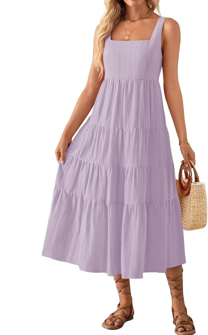 ZESICA Women's Summer Sleeveless Dress Casual Backless Loose Flowy Tiered Sundress Beach Cover up Tank Dresses (Large, Purple)