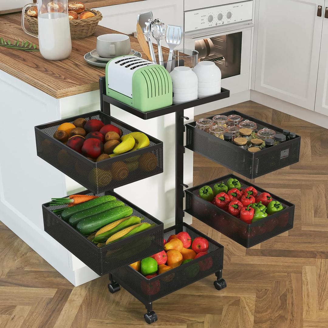 5-Tier Rotating Kitchen Storage Cart on Wheels, Metal Fruit Vegetable Basket Organizer, Rolling Utility Cart with Locking Casters, No Assembly Required (Black)