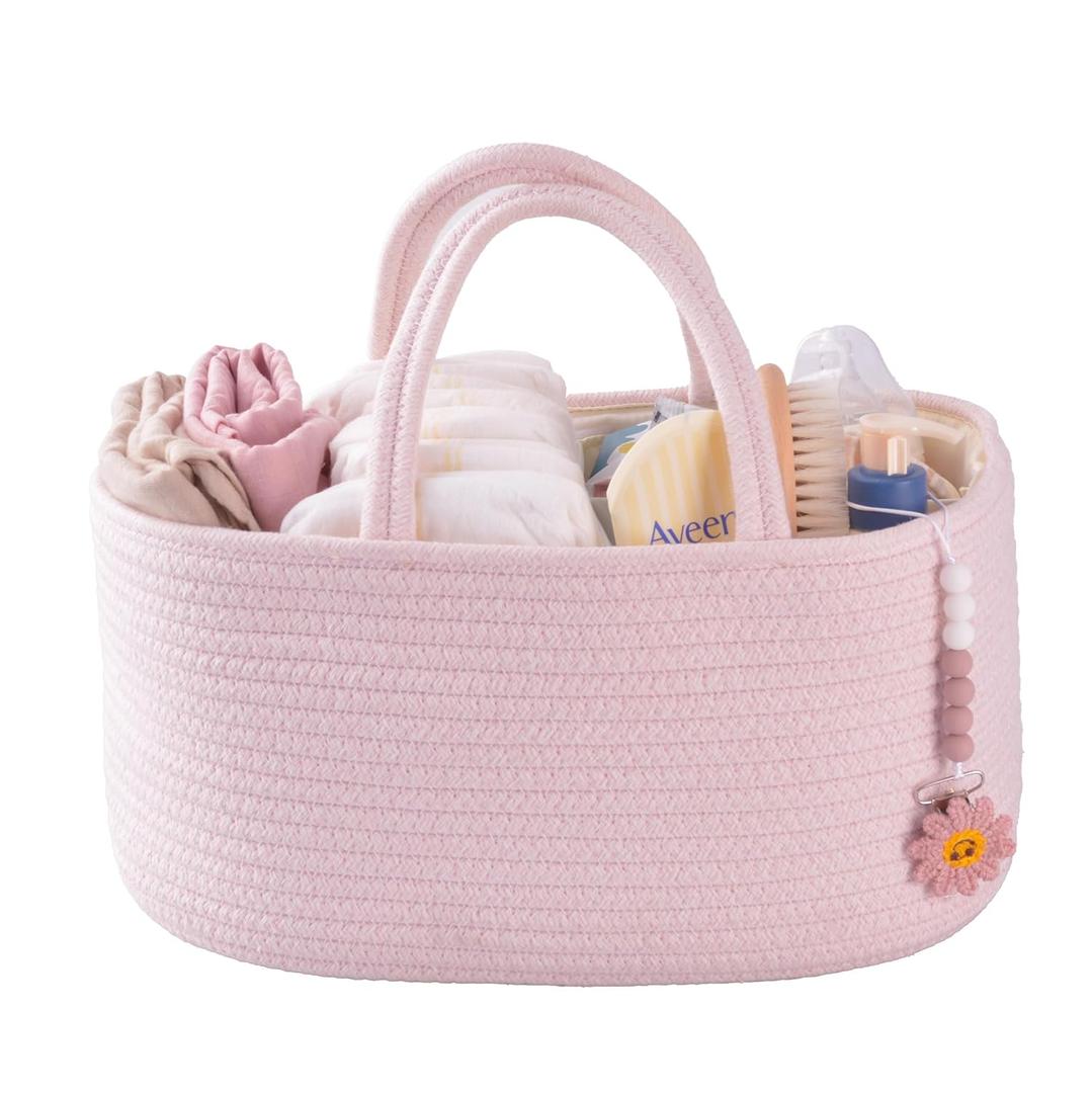 Baby Diaper Caddy Organizer for Girl Boy Rope Nursery Storage Bin Basket Portable Holder Tote Bag for Changing Table Car Travel Baby Shower Gifts Newborn Essentials Registry Must Have Items Pink (Regular)