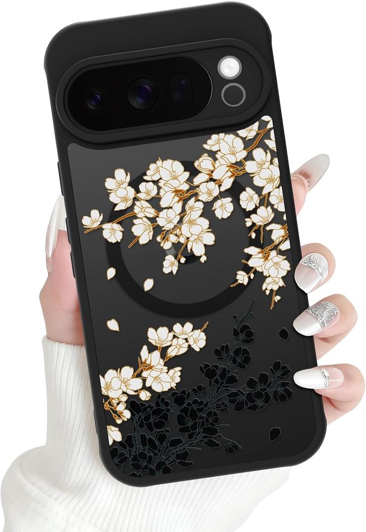 OOK Magnetic Case Fit for Google Pixel 10 Pro 6.3 Inch, White Floral | Wireless Charging Compatible, Soft TPU and Hard PC, Anti-Scratch Shockproof Protection Phone Cover for Women