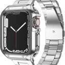 Compatible with Apple Watch Band and Case, Stainless Steel Metal Chain with TPU Cover, Smart-Watch Link Bracelet Strap, Wrist-Band for i-Watch Series 9 8 7 6 5 4 3 2 1 SE, 45mm 44mm 42mm, Silver