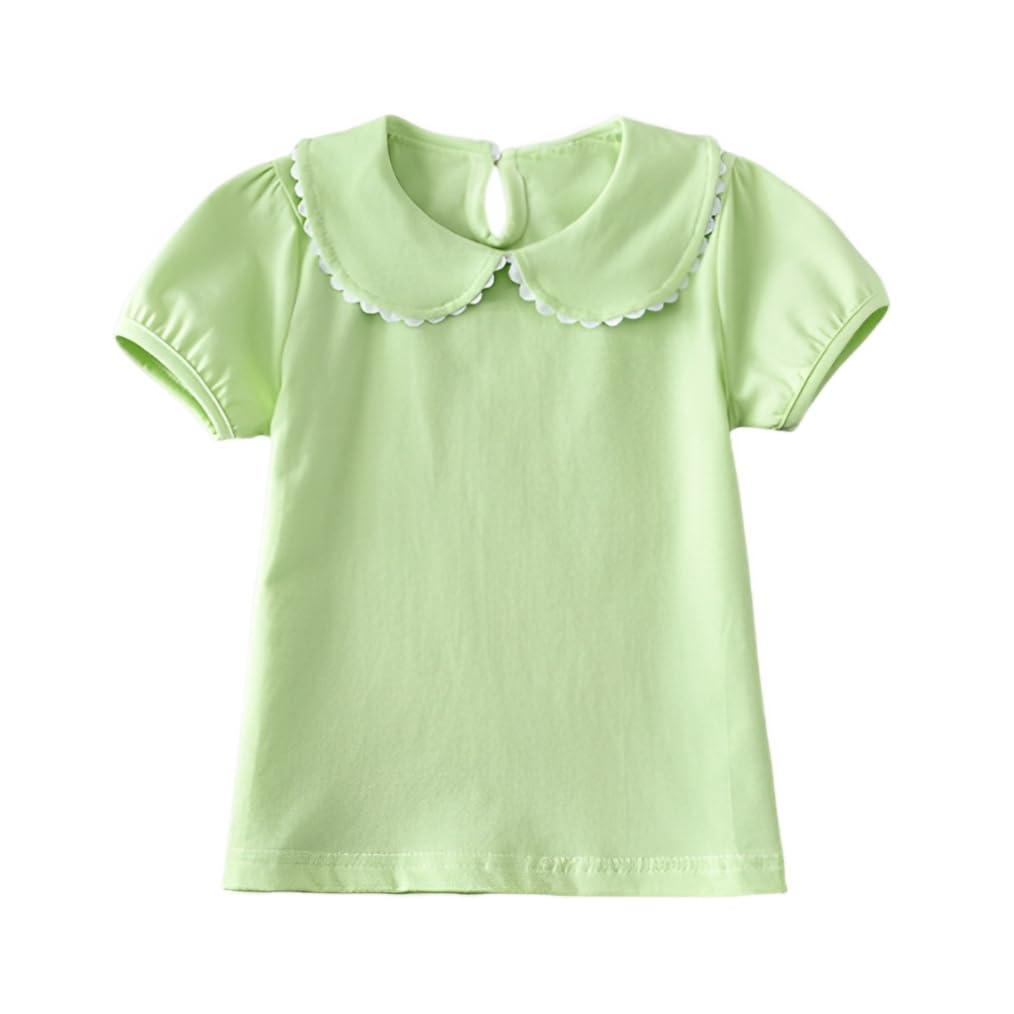 MODNTOGA Kids Baby Girl Long Sleeve Collar Shirt Toddler White Blouse Puff Short Sleeve T-Shirt Solid Color Basic Top Bottom (Green, 3-4 Years(110))