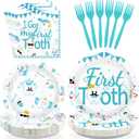 96Pcs First Tooth Party Supplies Blue Dental Plates and Napkins Disposable Cute Cartoon Tooth Fairy Dentist Tableware Set for Baby's Teeth Dentist Clinic Baby Shower Party Decorations Serves 24