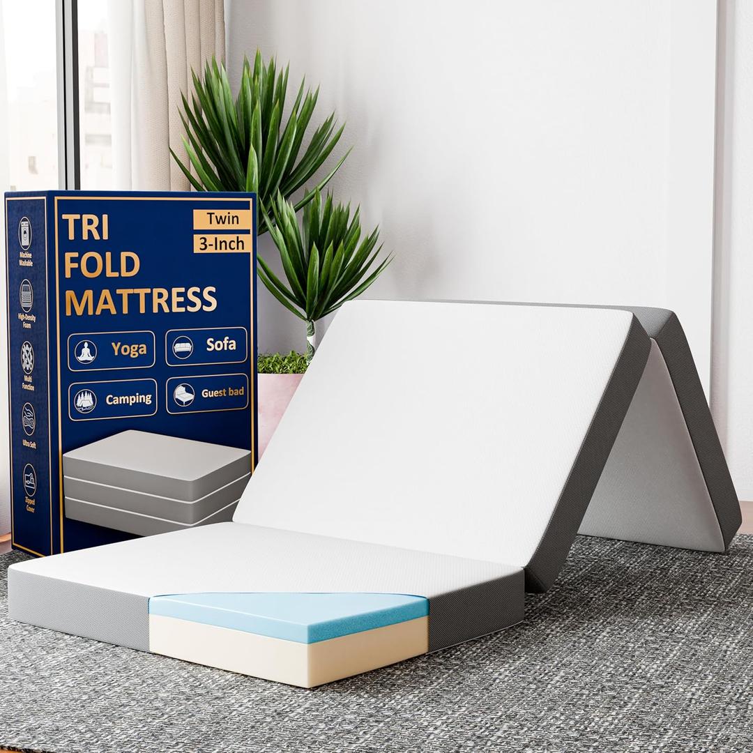 Greaton, 3-Inch Tri-Folding Gel Memory Foam Portable Floor Mattress | Breathable Mesh, Ultra Soft, Cot Pad, Removable and Washable Cover, Comfortable Support, Therapeutic Qualities, Twin, White