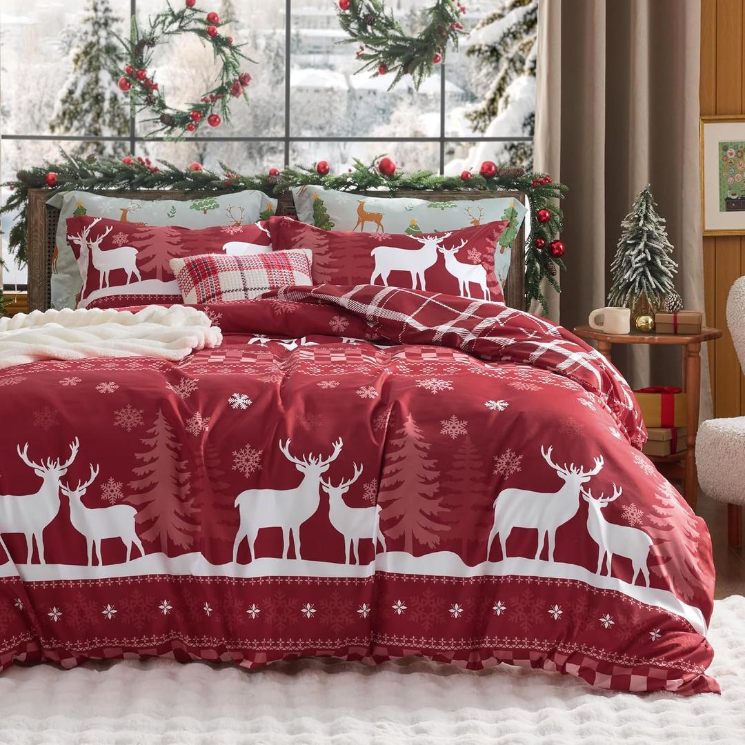 Bedsure Christmas Duvet Cover Queen - Christmas Bedding Set, Reversible Buffalo Check Printed Plaid Duvet Cover, 3 Pieces Bedding Set with 2 Pillow Shams (Queen, Snowflake and Reindeer) (Queen (90" x 90"))