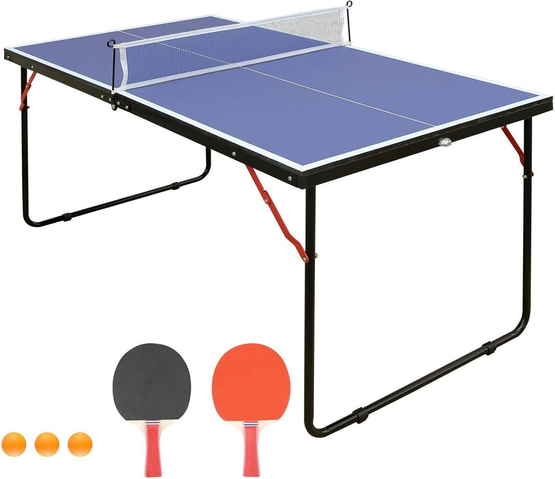 4.5ft Foldable Table Tennis Set, Portable Ping Pong Table with Net & 2 Paddles & Balls, Multi-Use Family Game Table Compact Design for All Ages, Blue