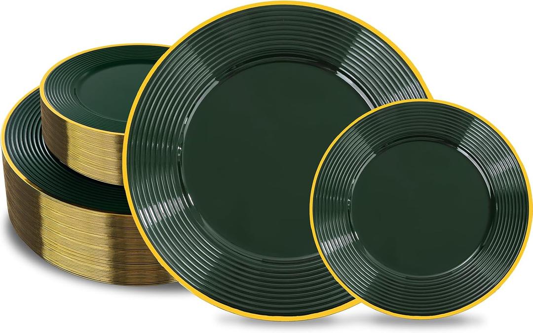 Liacere 100 PCS Green Plastic Plates - Heavy Duty Disposable Plates - Green and Gold Plate 100PCS Dinner/Dessert Plate for Party & Christmas & New Years