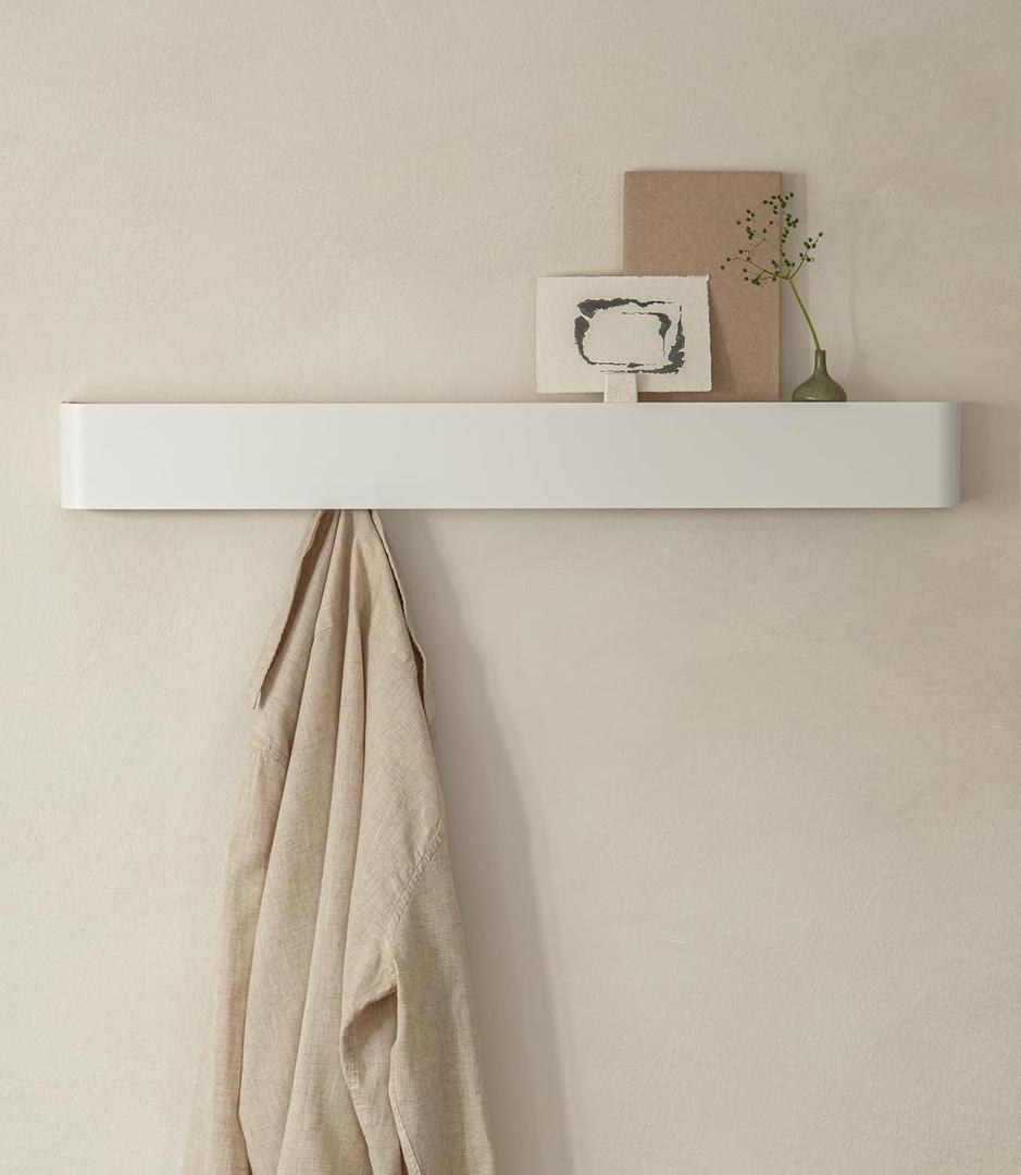 Kazai. Coat Rack Wall Mount with Shelf 'Tone' | Modern Design Coat Hanger with Hidden Hooks and Storage | Hat Rack with Shelf in Metal | Wall-Mounted Purse Organizer | White