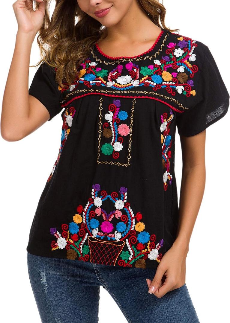 YZXDORWJ Women's Embroidered Mexican Peasant Blouse Mexico Summer Shirt Short Sleeve (US2XL, 269HL-BK)