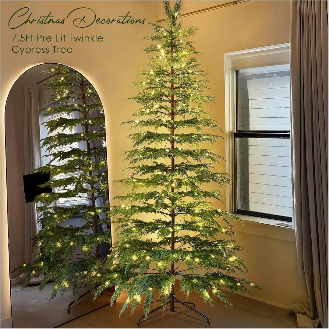 Christmas Decorations - 7.5 Ft Pre-Lit Twinkle Christmas Cypress Tree - Artificial Christmas Trees with 350 LED Lights - Xmas Holiday Decor for Indoor Home Party Living Room Office Decoration