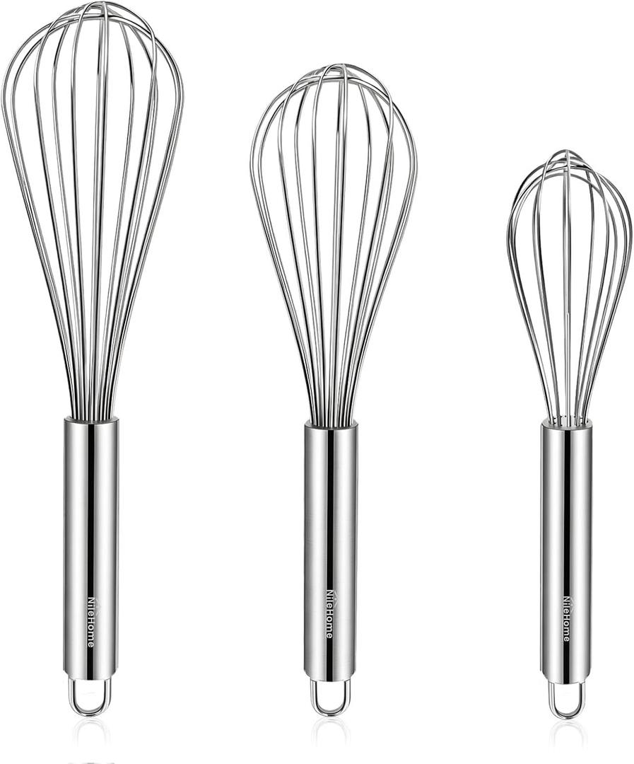 NileHome Stainless Steel Whisk Set 8" 10" 12" Kitchen Whisk Balloon Whisk Kitchen Wisk Wire Whisks for Cooking, Whisking, Blending, Beating, Stirring-3 Pack