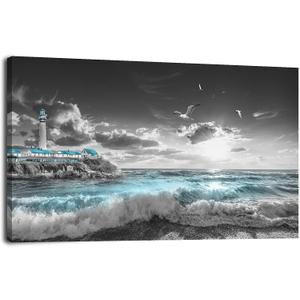 Ocean Decor Beach Wall Art Pictures for Bedroom Living Room Home Office Kitchen Beach Wall Decor Large Framed Canvas Wall Art Beach Seagulls Light Clouds Blue Waves Artwork 24inch*48inch