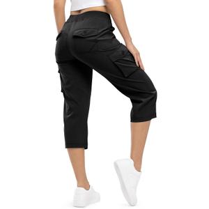 TBMPOY Womens Cargo Capris Lightweight Hiking Pants 6 Pockets Quick Dry Casual Outdoor Trip Loose Shorts Cropped Cotton (Black, L)