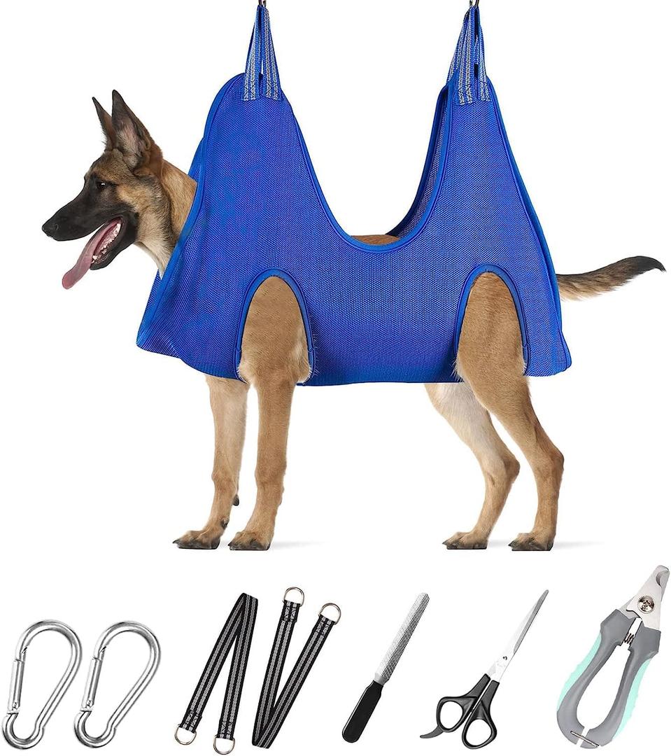 ATESON Pet Grooming Hammock with Nail Clippers/Nail Trimmers/Grooming Scissors, Dog Grooming Harness for Nail Trimming, Pet Grooming Sling Helper, XL for X-Large Dogs 80LB, Blue