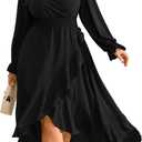 RWJ Women's Plus Size Wedding Guest Maxi Dress Wrap V Neck Long Sleeve High Low Ruffle Cocktail Fall Dresses (Color: Black) (Size: 4XL)
