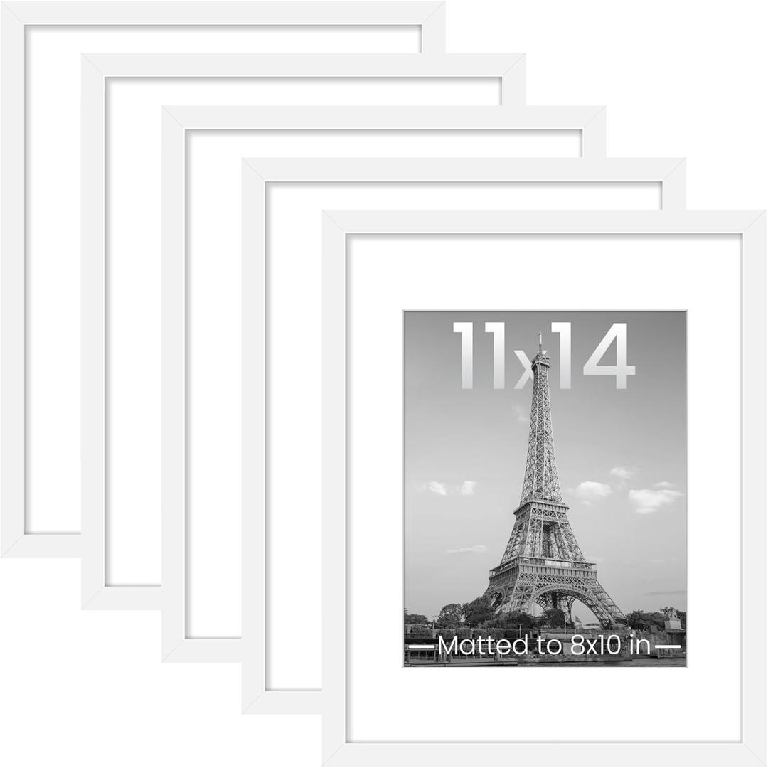 upsimples 11x14 Picture Frame Set of 5, Display Pictures 8x10 with Mat or 11x14 Without Mat, Wall Gallery Photo Frames, White