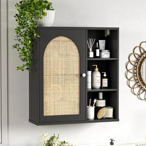 Rattan Bathroom Wall Cabinet, Boho Medicine Wall Cabinets with Door and Adjustable Shelves, Tall Kitchen Wall Mounted Storage Cabinet, Floating Hanging Cabinet Space Saver for Laundry Room,Black