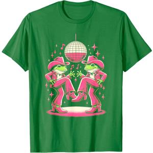 Funny Frog In Pink Cowboy Costume Disco Dance 60s 70s Party T-Shirt (Small, Green)